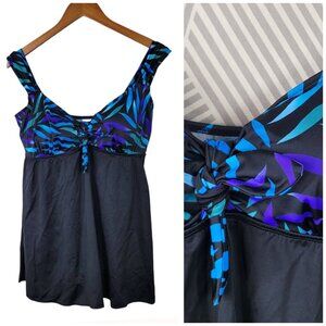 Vintage 90s Swim Suit Dress Plus Size 18W 18 Teal Blue Black Wirefree Bra